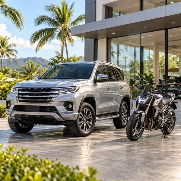 Silver SUV and motorcycle outside a modern tropical automotive showroom
