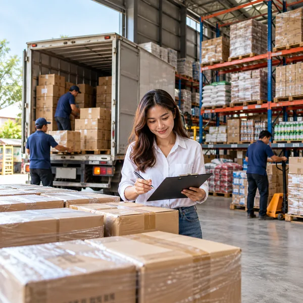 Business owner inspecting cartons at a wholesale warehouse and loading truck