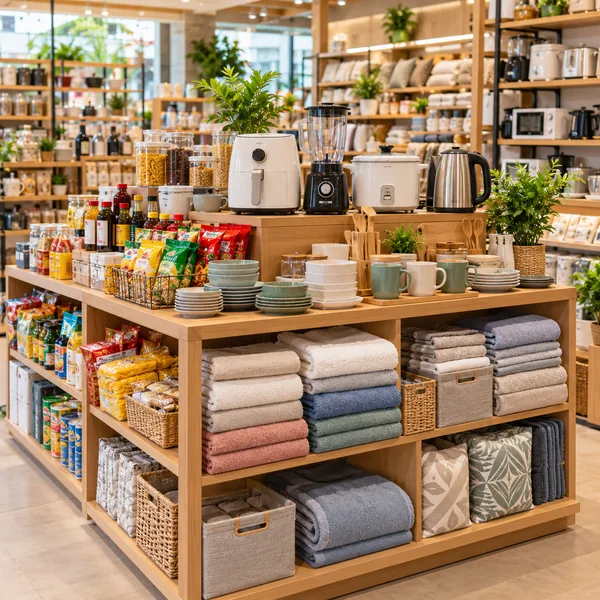 Household goods, appliances, groceries and textiles displayed in a retail showroom