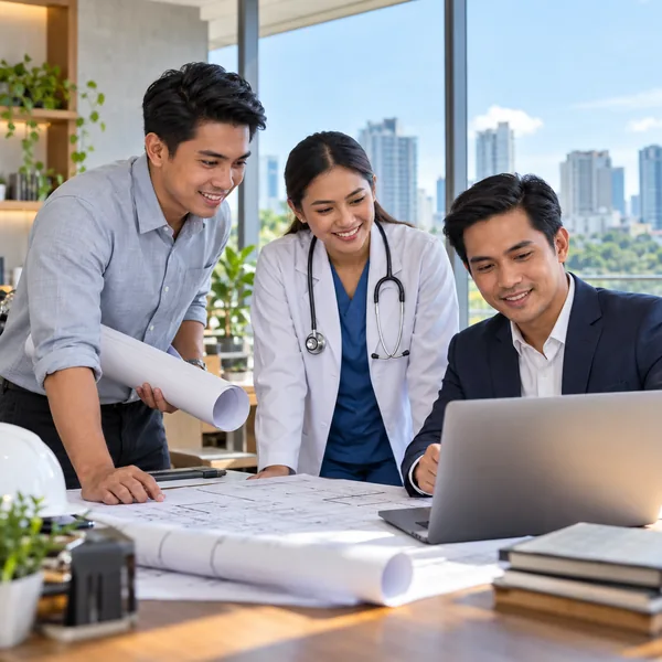Architect, doctor and business consultant collaborating in a bright office