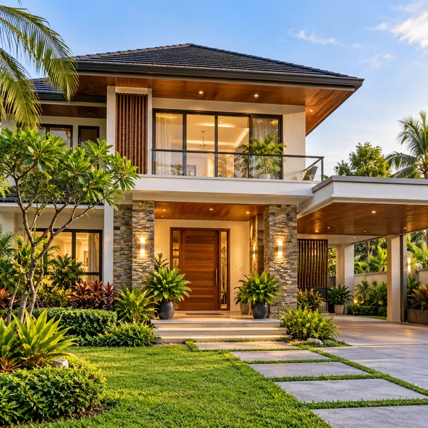 Contemporary tropical home with landscaped garden and welcoming entrance