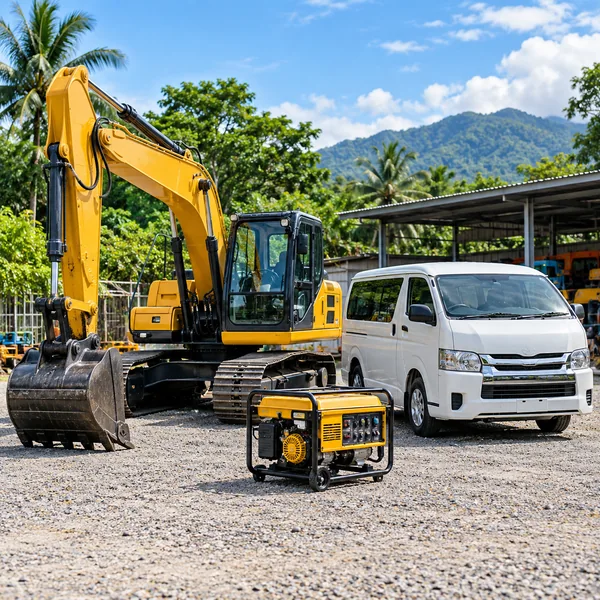 Excavator, van and portable generator at an equipment rental yard
