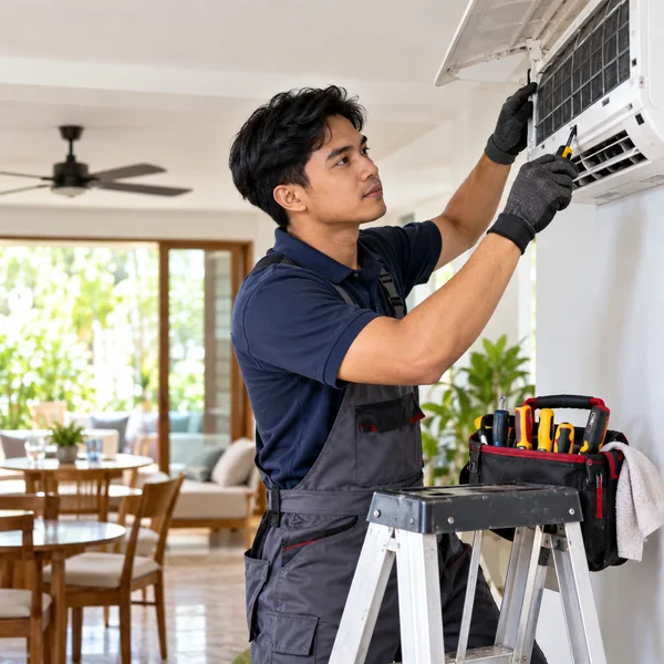 Technician maintaining an air conditioner in a bright residential interior