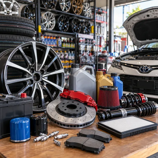 Commercial photograph showing automotive parts and accessories