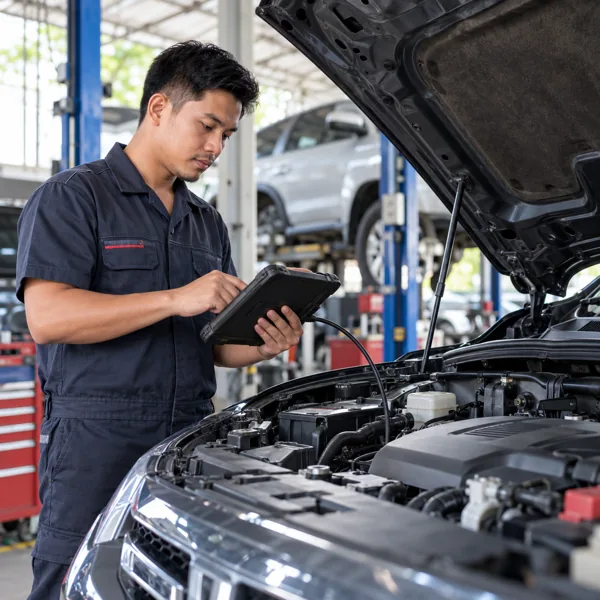 Automotive technician checking a vehicle with a diagnostic tablet