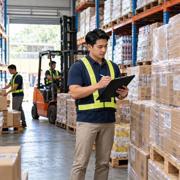Warehouse manager checking wholesale cartons and palletized goods
