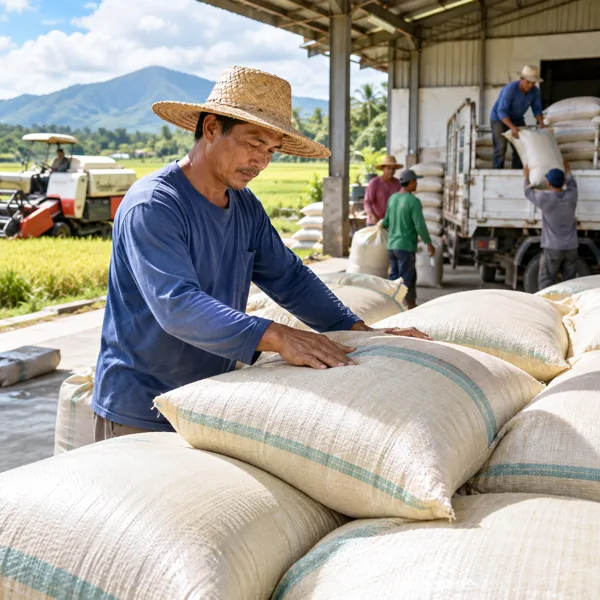 Rice farmer checking harvested palay sacks at a rural cooperative