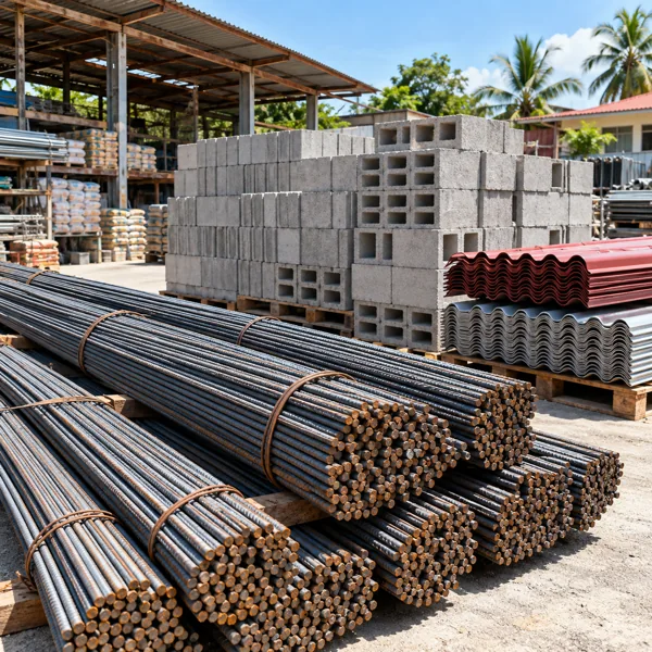 Steel bars, concrete blocks and roofing sheets in a building supply yard