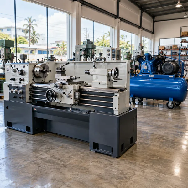 Lathe and compressor displayed in an industrial machinery showroom