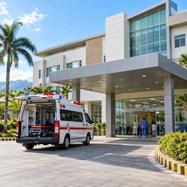 Modern provincial hospital entrance with an ambulance
