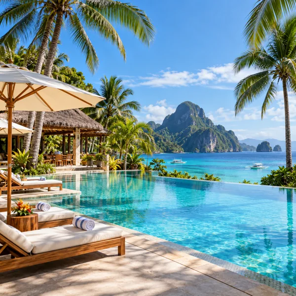 Tropical Philippine resort with pool and palm trees