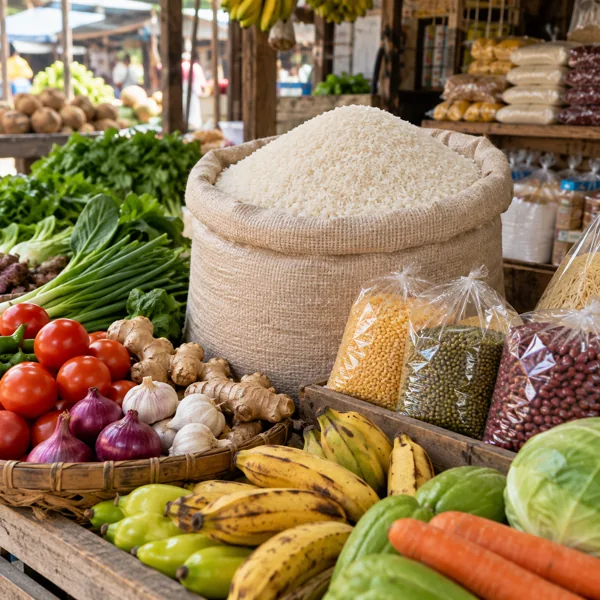 Rice, fresh produce and unbranded packaged food on a wholesale counter