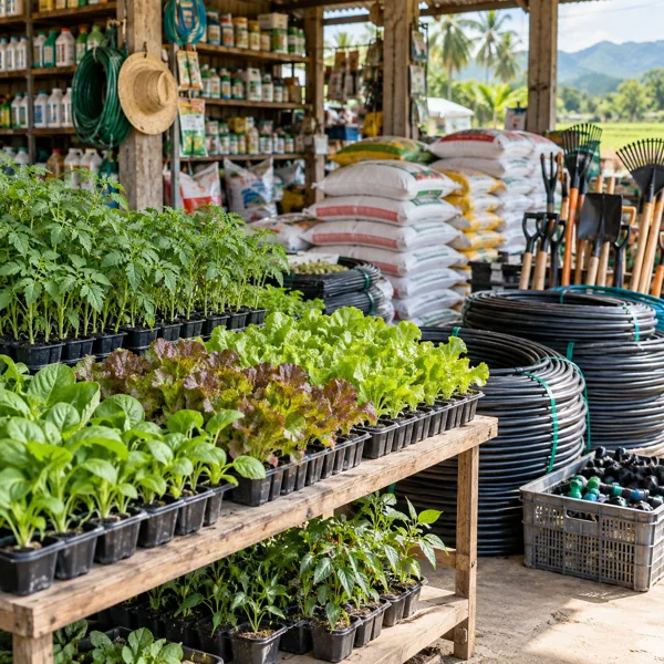 Seedlings, irrigation hoses, feed sacks and tools in a farm supply shop