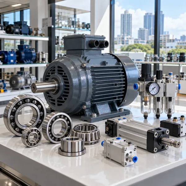 Industrial motor, bearings and pneumatic components in a clean showroom