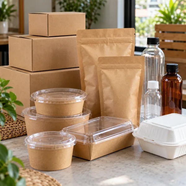 Plain cartons, kraft pouches, bottles and food containers on a neutral surface