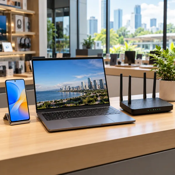 Laptop, router and phone arranged on a modern electronics counter