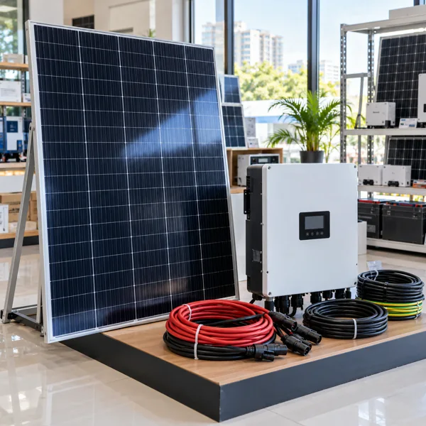 Solar module, inverter and neatly arranged power cables in a showroom