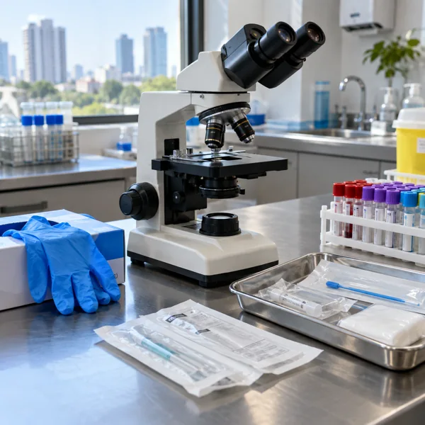 Microscope, gloves and sealed medical consumables on a clinical counter