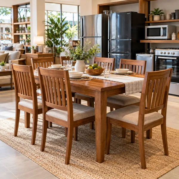 Wooden dining furniture and practical appliances in a home goods showroom