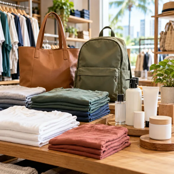 Folded clothing, bags and plain personal-care containers in a retail display