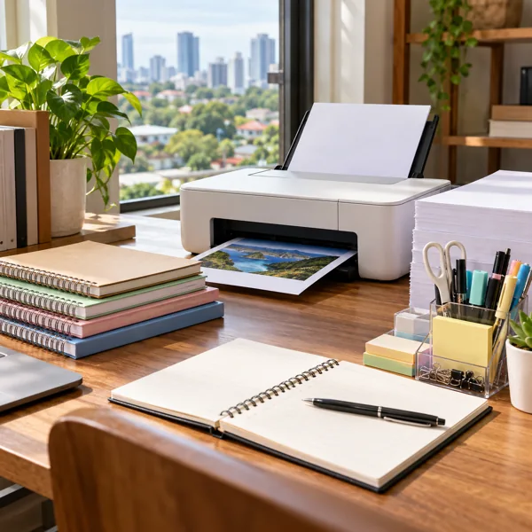 Notebooks, printer paper, compact printer and organized stationery