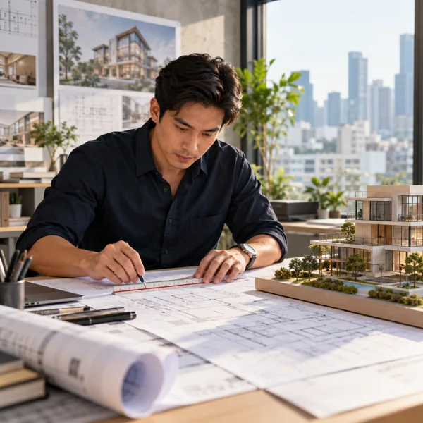 Architect using a scale ruler over blueprints beside a building model