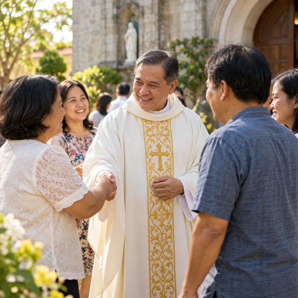 Priest greeting adult community members in a courtyard