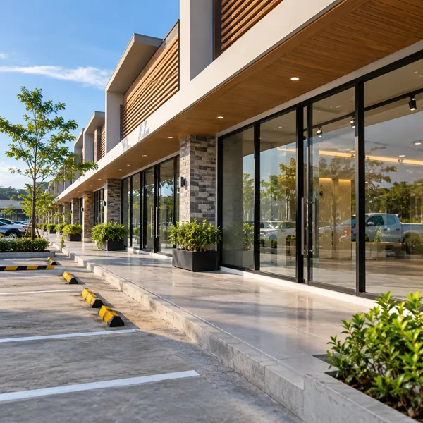 Modern commercial shopfront units with glass entrances