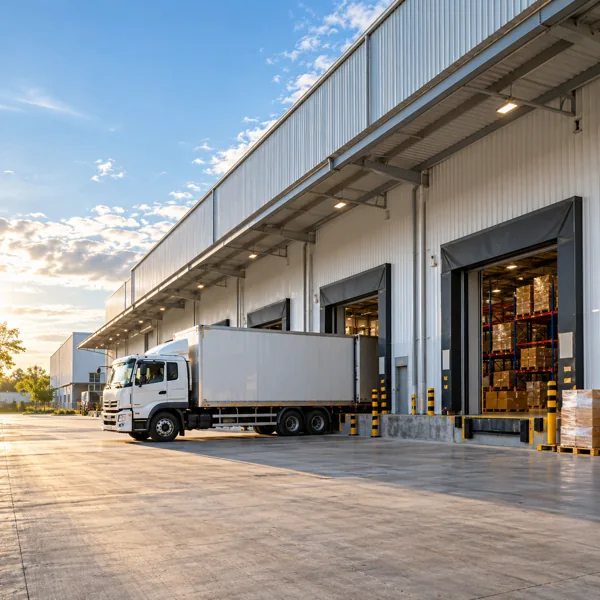 Industrial warehouse with loading bays and a delivery truck
