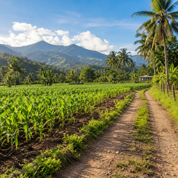 Cultivated Philippine farmland with tropical trees and an access road