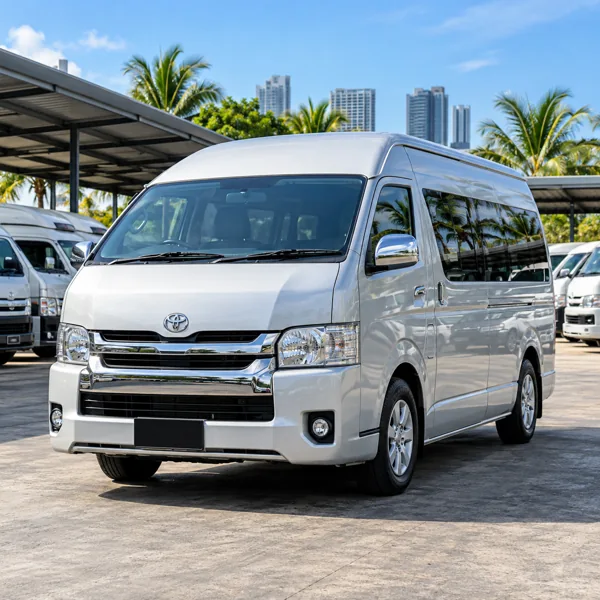 Passenger van parked on a transport rental forecourt