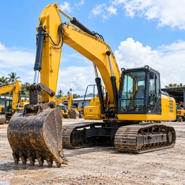 Excavator with clearly visible bucket, tracks and hydraulic arm in a rental yard