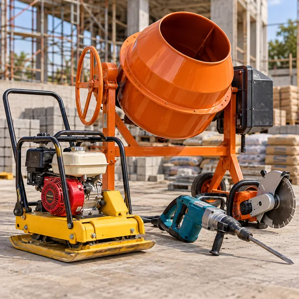 Concrete mixer, plate compactor and construction power tools in a rental display