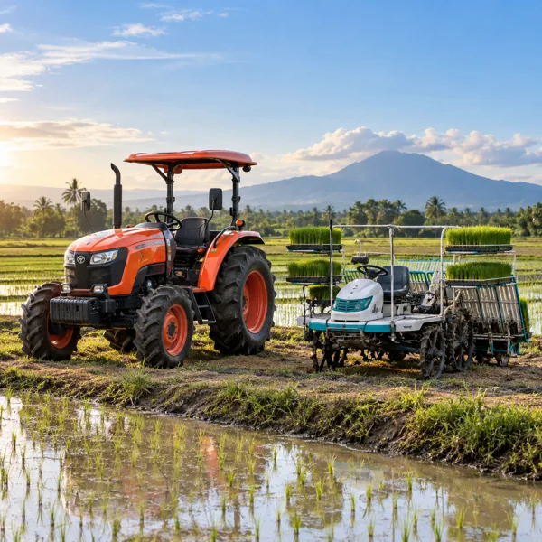 Tractor and rice transplanter parked beside rice fields