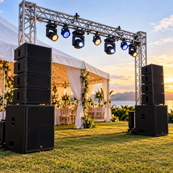 Professional event speakers and lighting truss beside an outdoor tent