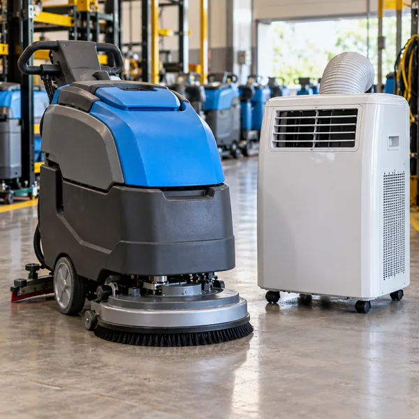 Commercial floor cleaner and portable air conditioner in a rental display