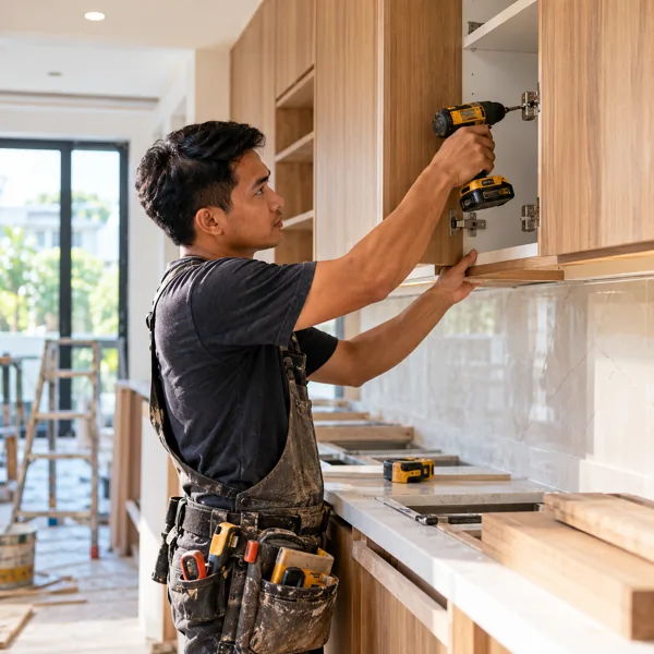 Carpenter installing cabinetry during a house renovation