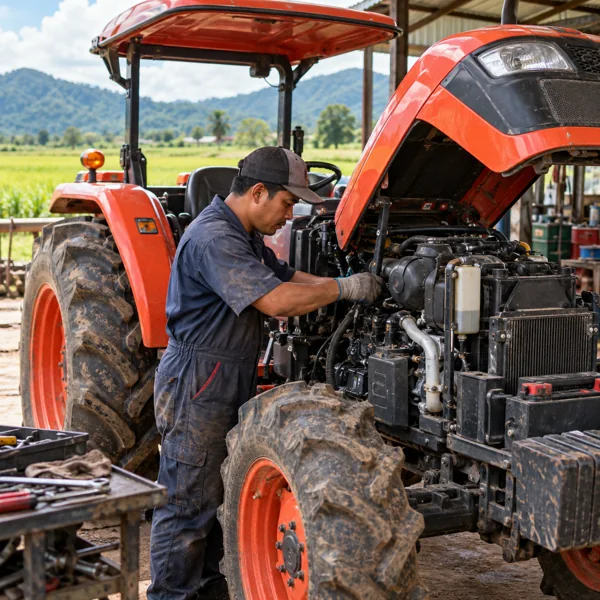 Farm mechanic checking a tractor engine at a rural workshop