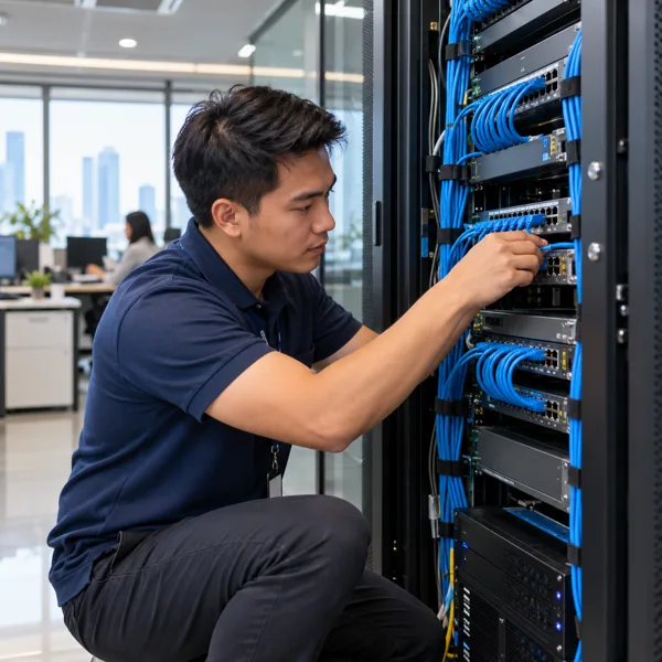 IT technician installing neatly routed networking equipment in an office