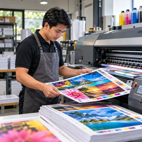 Print technician checking colorful sheets beside a commercial printer