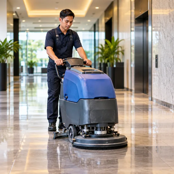 Professional cleaner operating a floor cleaning machine in a commercial corridor
