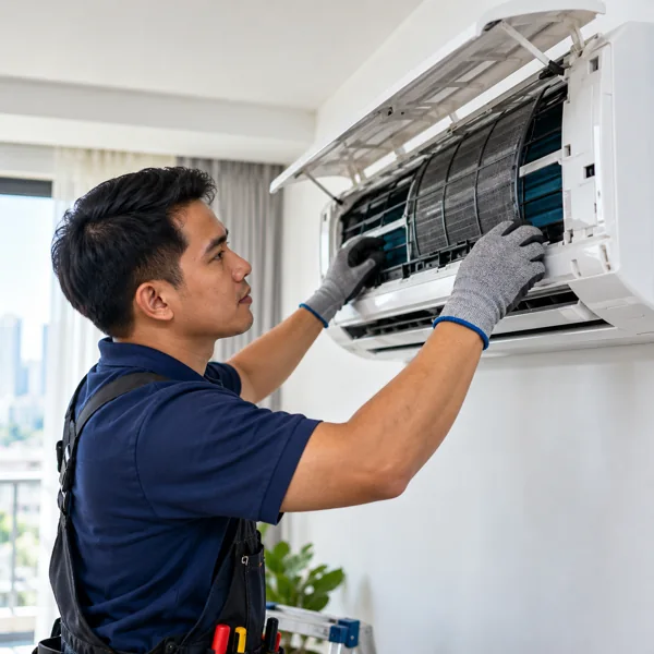 Air-conditioning technician inspecting an open wall-mounted unit