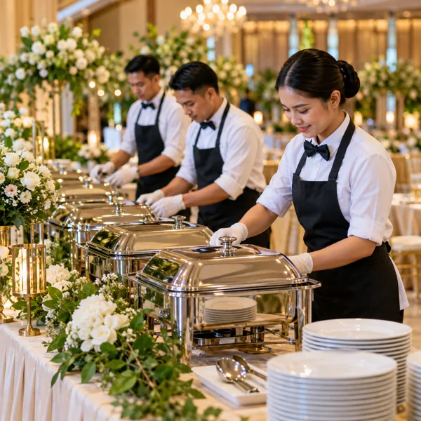 Catering team arranging chafing dishes at an event venue