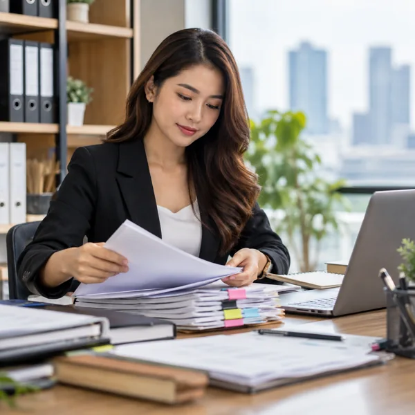 Administrative professional organizing business documents beside a laptop