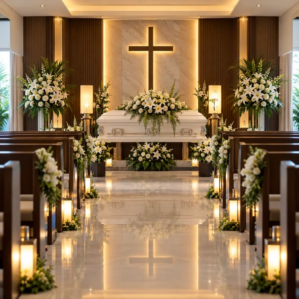 Tasteful empty Philippine funeral chapel with white flowers