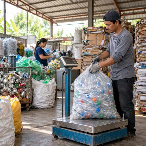 Sorted recyclables and weighing scale in an orderly Philippine junkshop