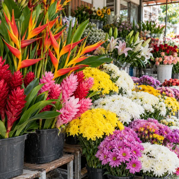 Fresh tropical flowers and chrysanthemums in a Philippine flower supply shop