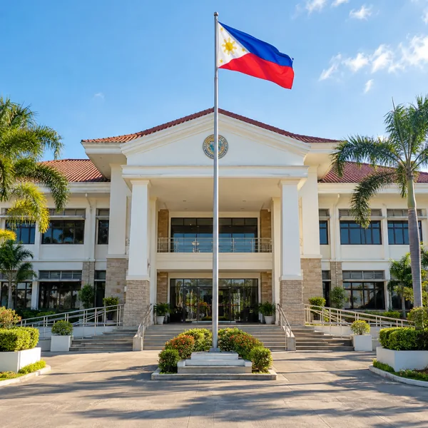 Illustrative Philippine municipal hall with an accessible entrance and Philippine flag