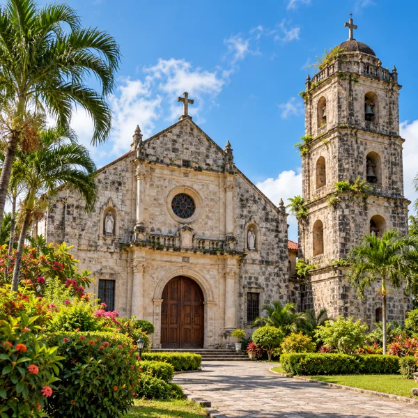 Church building and bell tower surrounded by a tropical garden