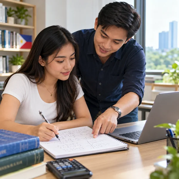 Adult university tutor helping a college student with coursework.